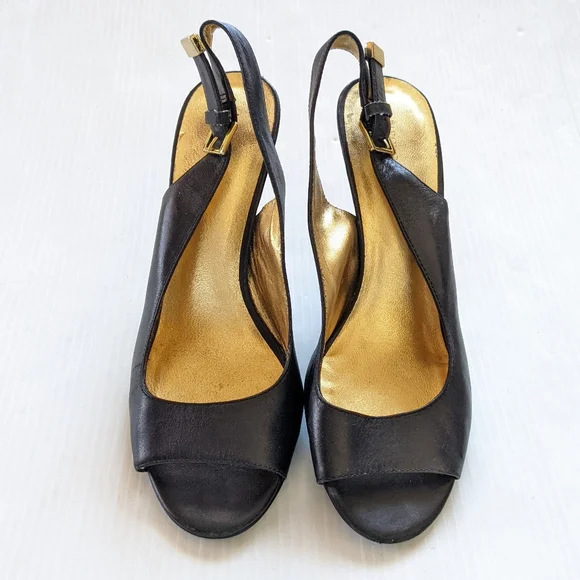 BANANA REPUBLIC women's black leather peep toe slingback heeled pumps - Picture 2 of 13